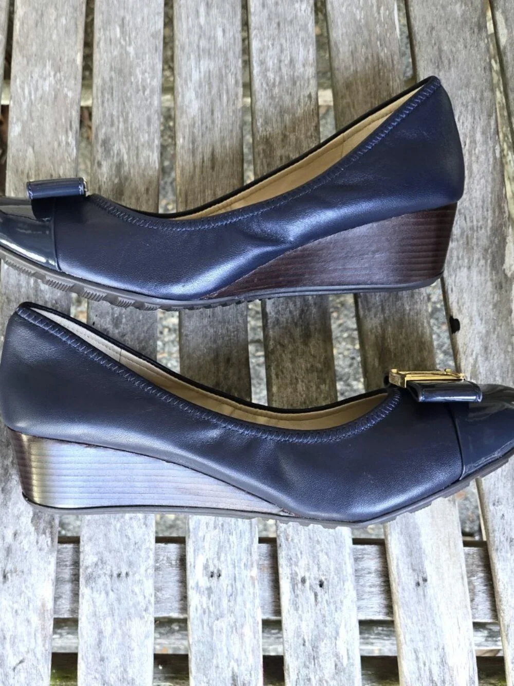 New COLE HAAN Navy Blue Leather Small Wedge Pumps Shoes 8.5